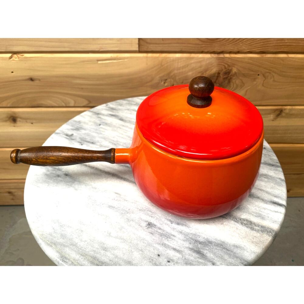 Vintage Scandinavian Style Orange Enamel Saucepan Teak Handle Mid Century Modern